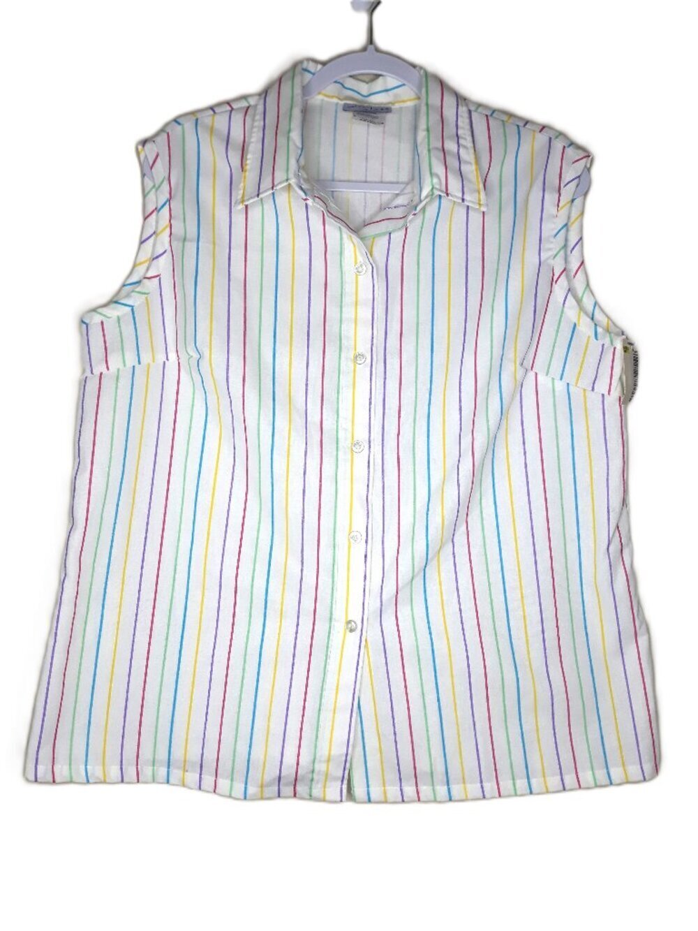 Vtg Rainbow Striped Button Front Collared Sleeveless Top 18W